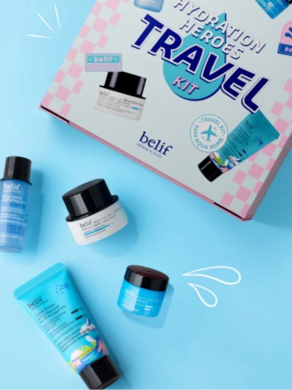 belif Hydration 4 Piece Travel Kit-Jelly Cleanser, Toner, Eye Bomb, Aqua Bomb